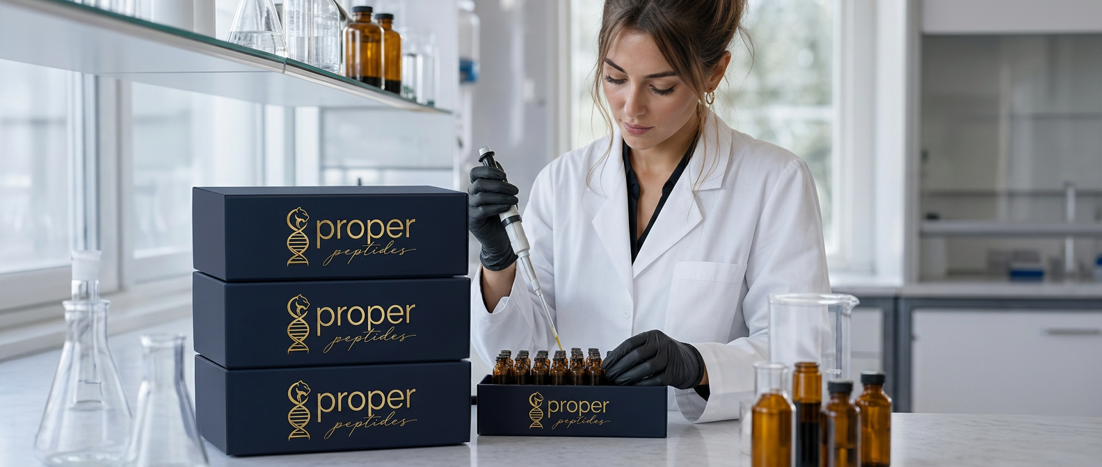 Proper Peptides researcher using a precision pipette in a modern laboratory